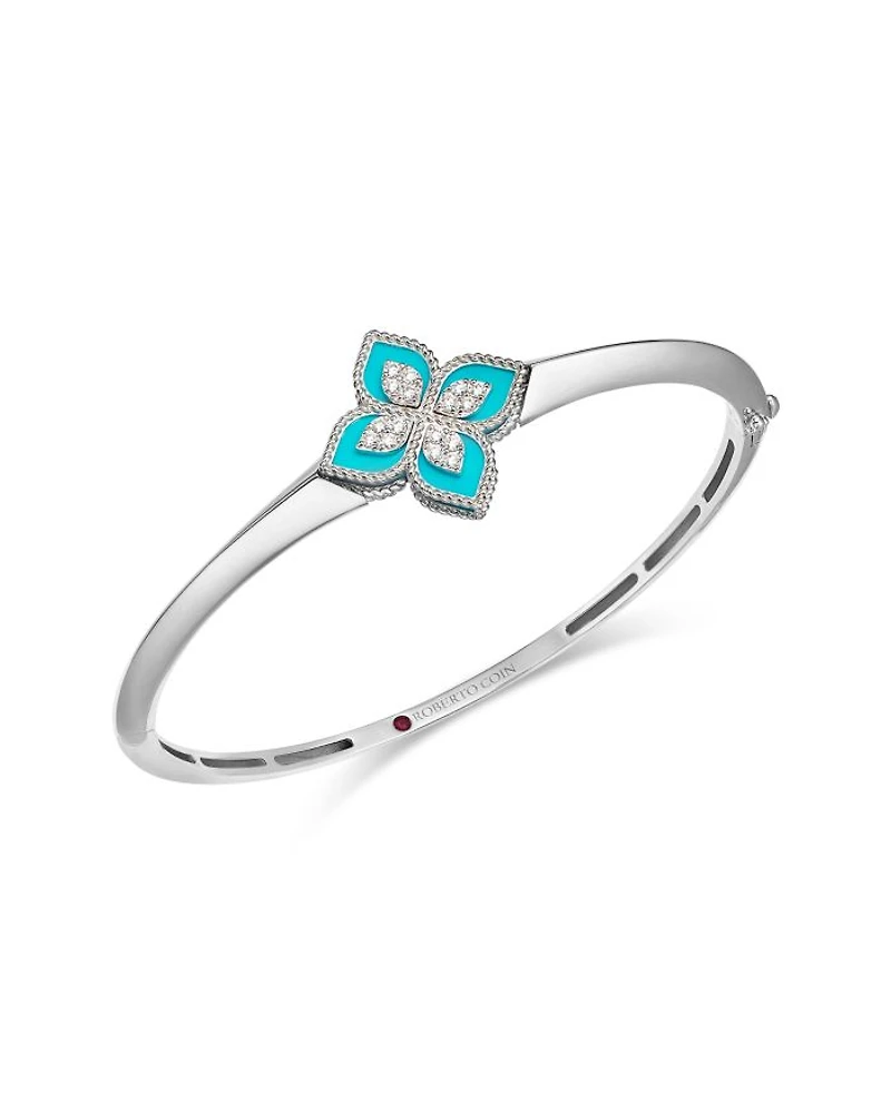 18K White Gold Diamond & Turquoise Venetian Princess Bangle Bracelet