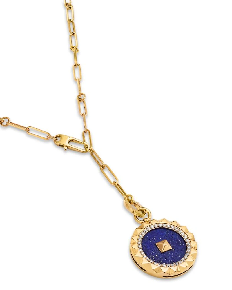 18K Rose Gold Diamond & Blue Lapis Obelisco Medallion Paperclip Necklace, 19"