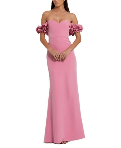 Off-the-Shoulder Crepe Gown with 3D Floral Applique