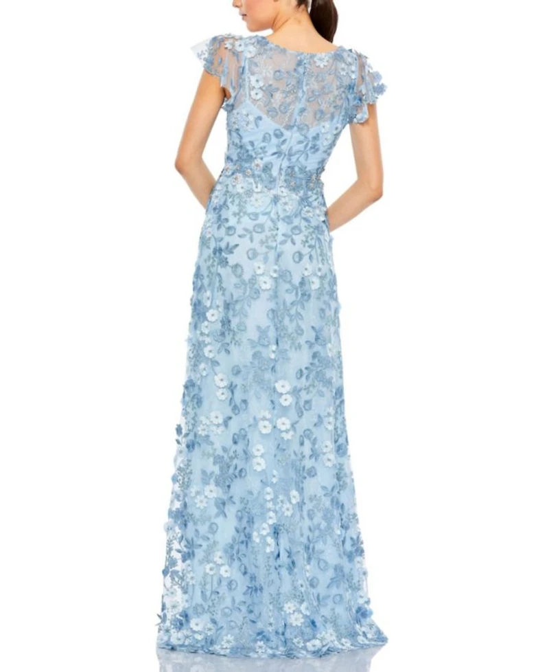 Embroidered Applique Wrap Over Flutter Sleeve Gown