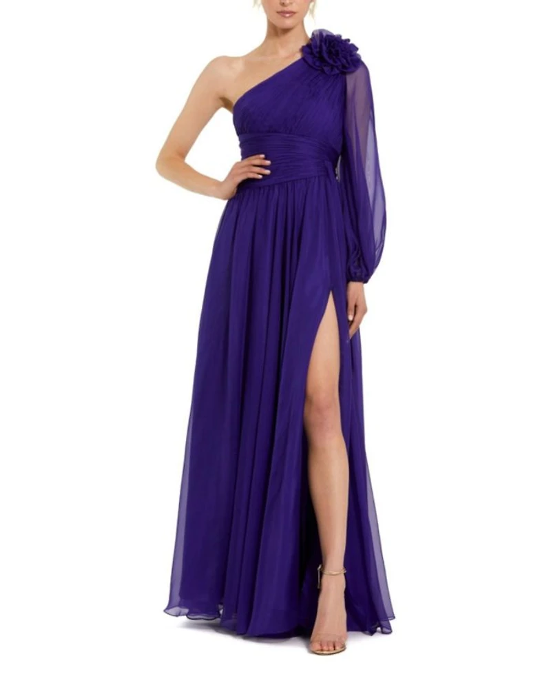 One Sleeve Ruched Chiffon Gown with 3D Flower