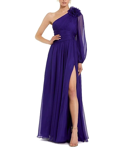 Mac Duggal One Sleeve Ruched Chiffon Gown with 3D Flower