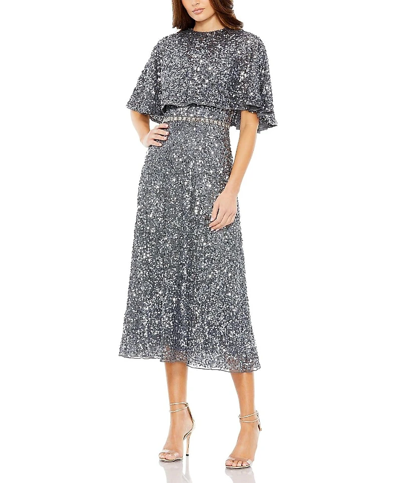 Mac Duggal Embellished Cape High Neck Midi Dress