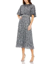 Mac Duggal Embellished Cape High Neck Midi Dress