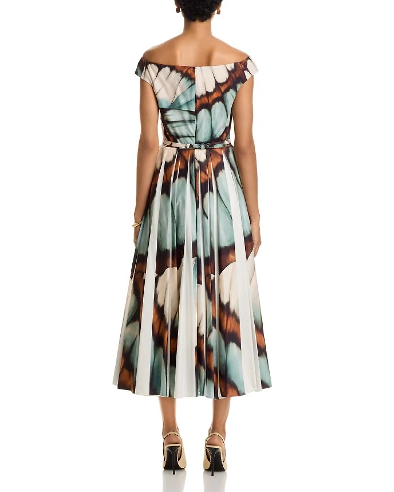 Scoop Neck Butterfly Poplin Pleated Dress