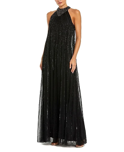 Mac Duggal Sleeveless Halter Neck Embellished Trapeze Gown
