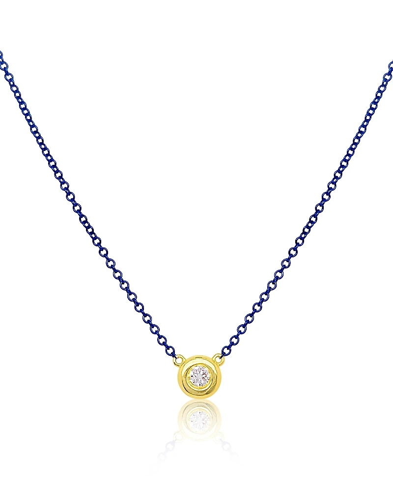 Meira T Yellow Gold Plated Silver Bezel Set Diamond Necklace on a Blue Rhodium Plated Silver Chain, 16-18