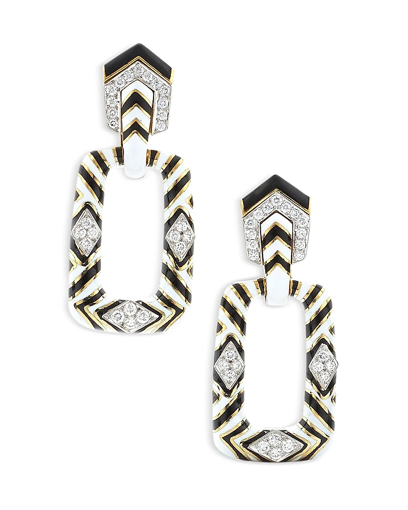 David Webb 18K Yellow Gold & Platinum Manhattan Minimalism Diamond & Enamel Striped Rectangular Drop Earrings