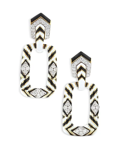 David Webb 18K Yellow Gold & Platinum Manhattan Minimalism Diamond & Enamel Striped Rectangular Drop Earrings