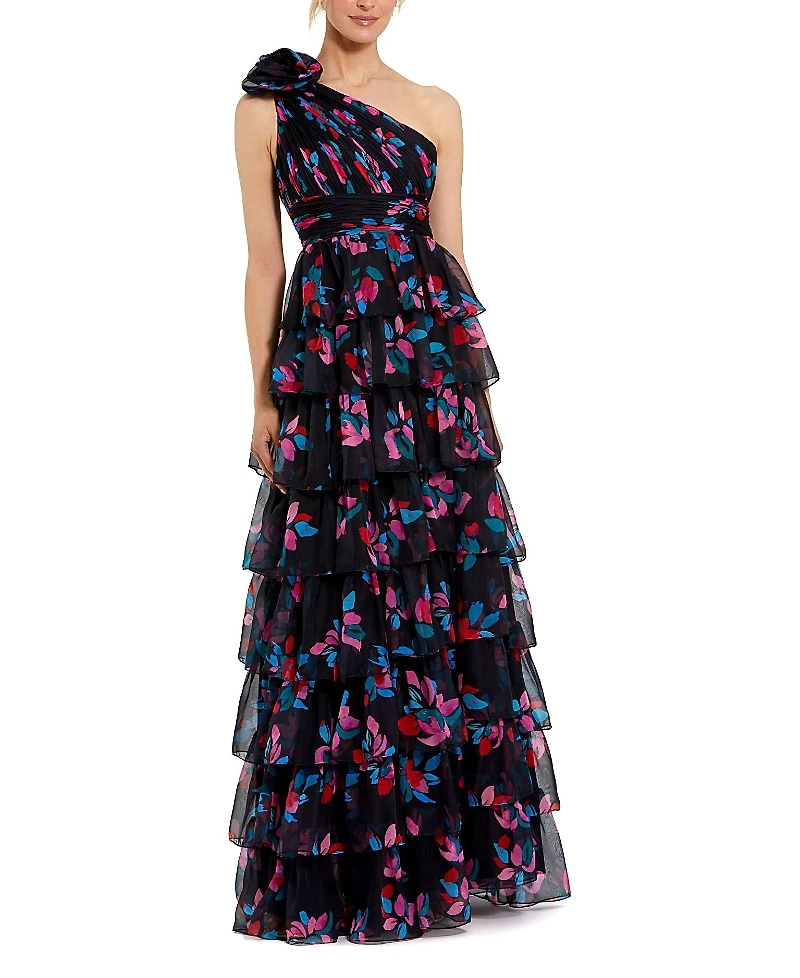 Mac Duggal One Shoulder Printed Chiffon Tiered Ruffle Gown