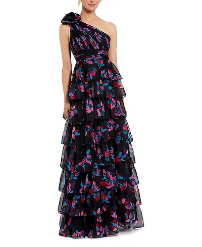 Mac Duggal One Shoulder Printed Chiffon Tiered Ruffle Gown