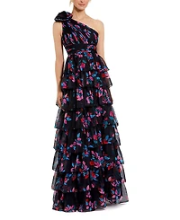 Mac Duggal One Shoulder Printed Chiffon Tiered Ruffle Gown