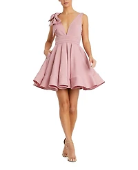 Mac Duggal Crepe Sleeveless V Neck Mini Dress With Bow