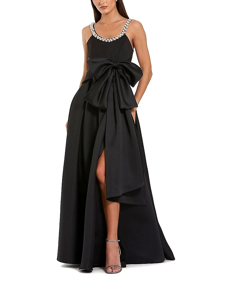 Mac Duggal Satin With Pearl Neckline and Bow Detail Gown