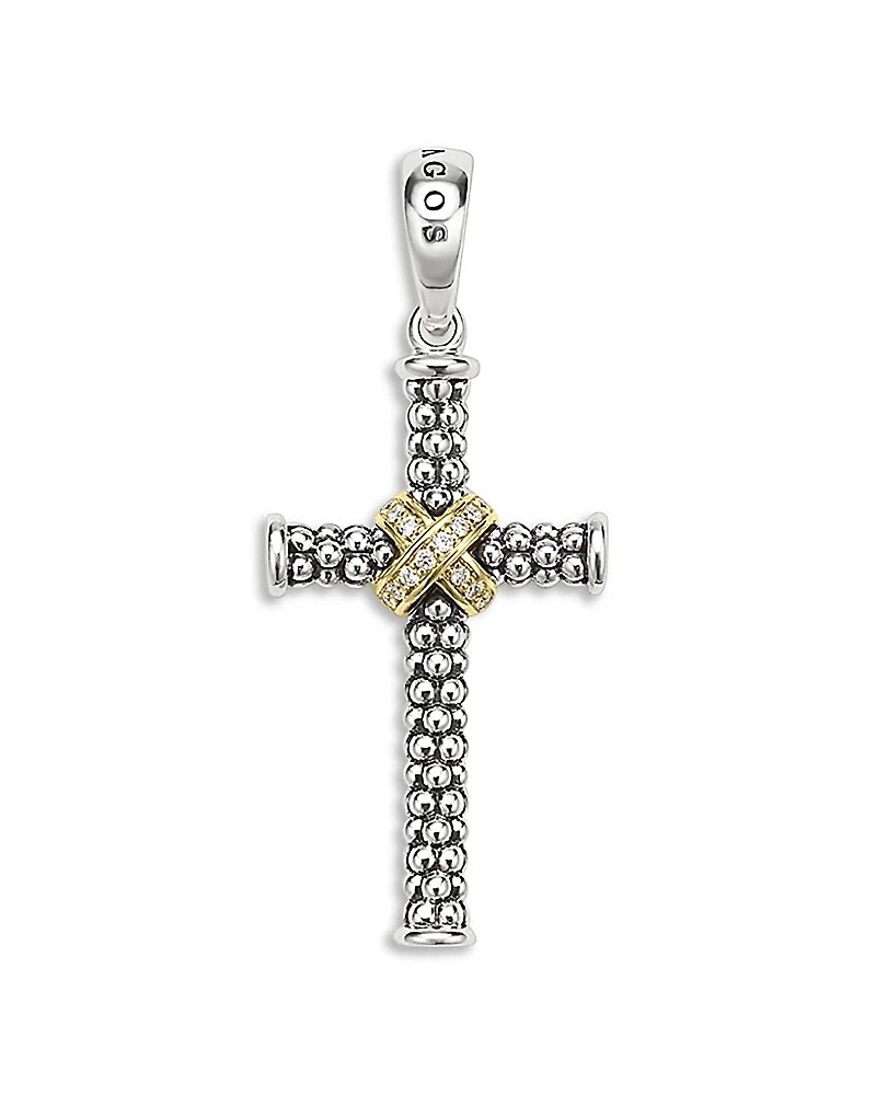 Lagos Small Two Tone Caviar Beaded Diamond Cross Amulet, 0.038 tcw