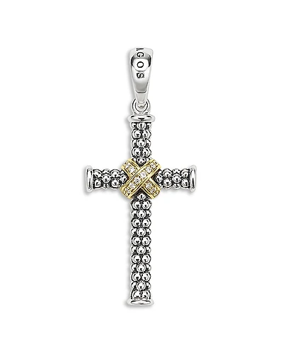 Lagos Small Two Tone Caviar Beaded Diamond Cross Amulet, 0.038 tcw