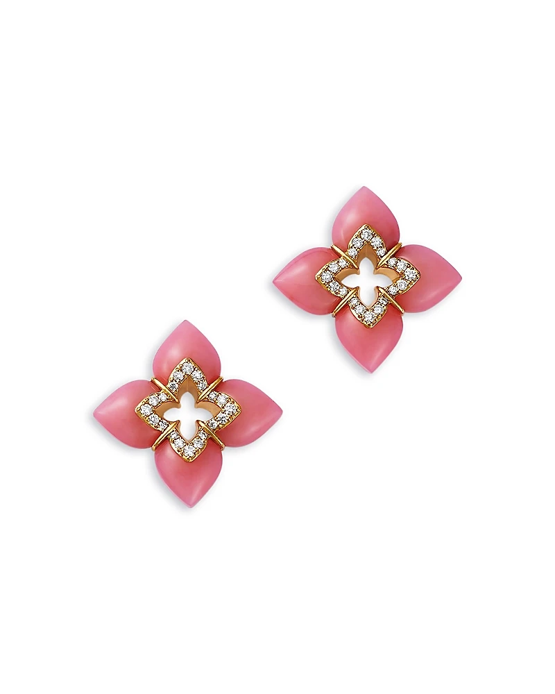 Roberto Coin 18K Yellow Gold Cabachon Pink Opal & Diamond Flower Stud Earrings