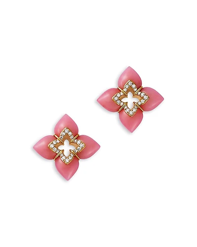 Roberto Coin 18K Yellow Gold Cabachon Pink Opal & Diamond Flower Stud Earrings