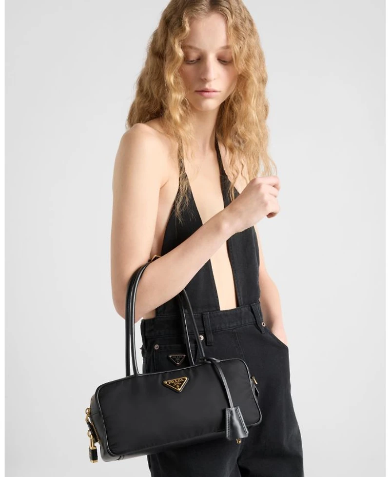 Re-Nylon and Leather Small Top-Handle Bag with Padlock