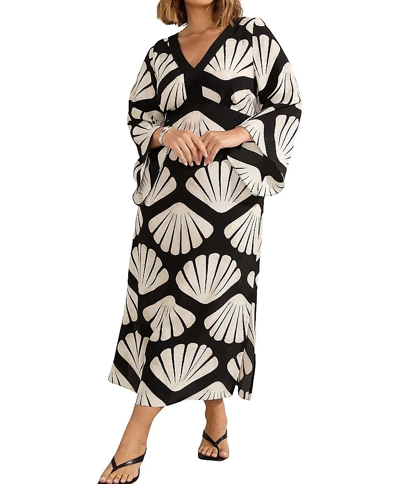 Live Unlimited Shell Print Flared Sleeve V-Neck Dress