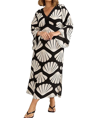 Live Unlimited Shell Print Flared Sleeve V-Neck Dress