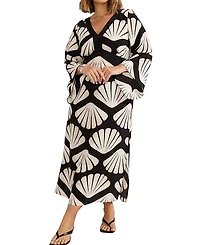 Live Unlimited Shell Print Flared Sleeve V-Neck Dress