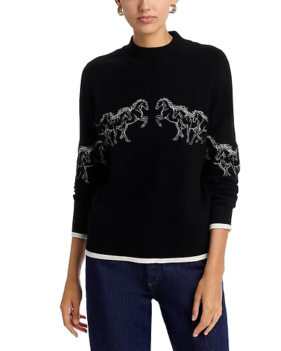T Tahari Horse Embroidered Mock Neck Sweater