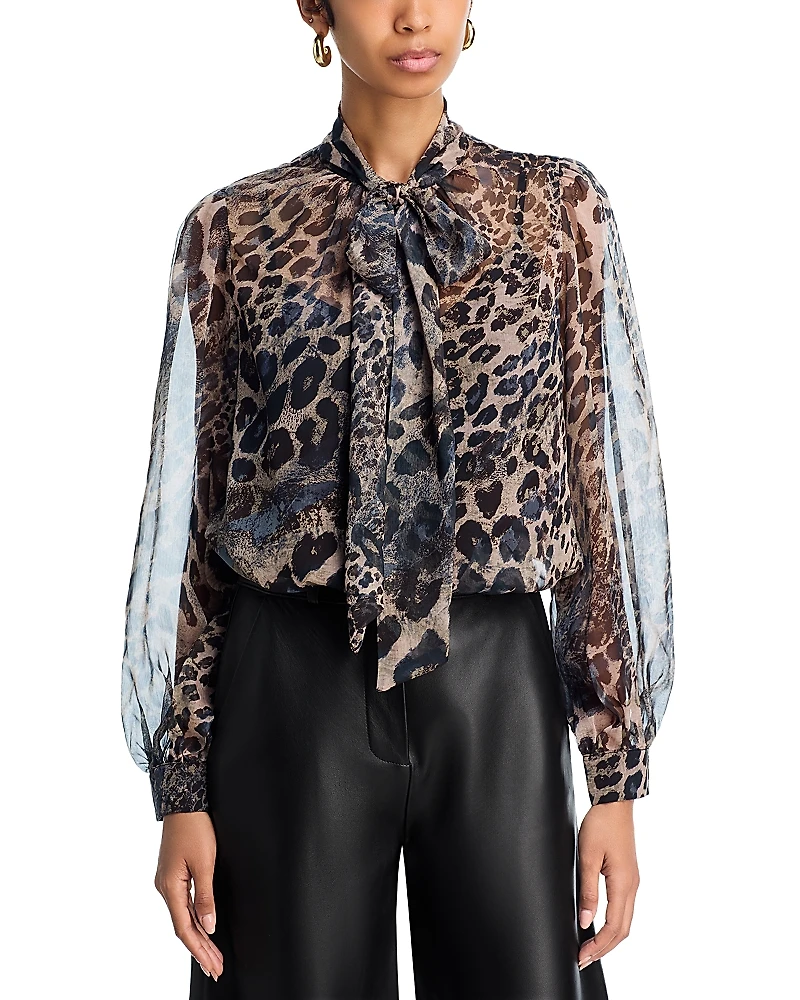 Aqua Leopard Print Tie Neck Top - Exclusive