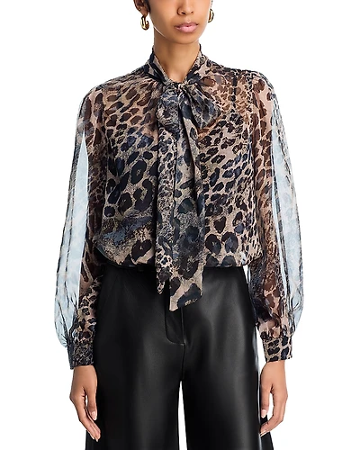 Aqua Leopard Print Tie Neck Top - Exclusive