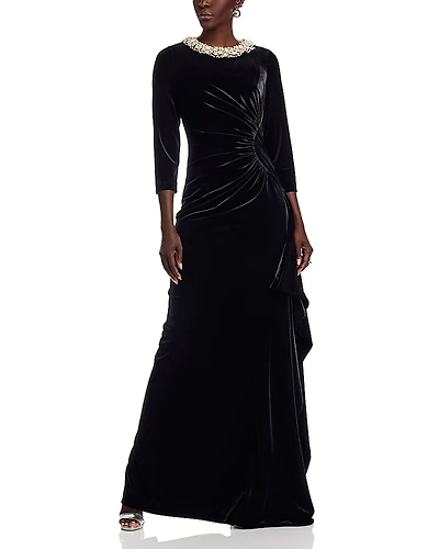 Teri Jon by Rickie Freeman Velvet Jeweled Collar Gown