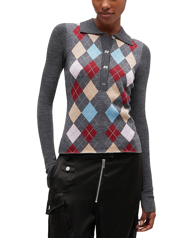 Ganni Fine Merino Wool Jacquard Knitted Polo Shirt