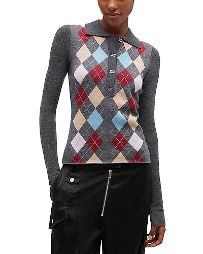 Ganni Fine Merino Wool Jacquard Knitted Polo Shirt