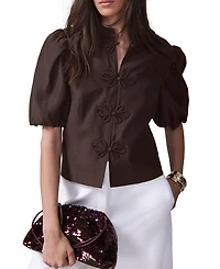 Mint Velvet Women's Puff Sleeve Top with Flower Detail