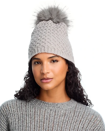 Kyi Kyi Faux Fur Pom Pom Lattice Knit Beanie