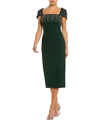 Mac Duggal Crepe Embellished Cap Sleeve Fitted Midi Dress