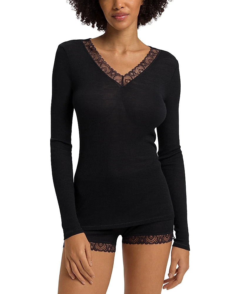 Hanro Lace Trim Long Sleeve Top