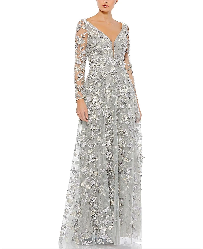 Mac Duggal Floral Applique Long Sleeve Illusion Gown