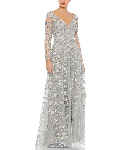 Mac Duggal Floral Applique Long Sleeve Illusion Gown