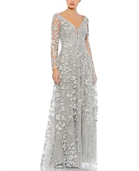 Mac Duggal Floral Applique Long Sleeve Illusion Gown