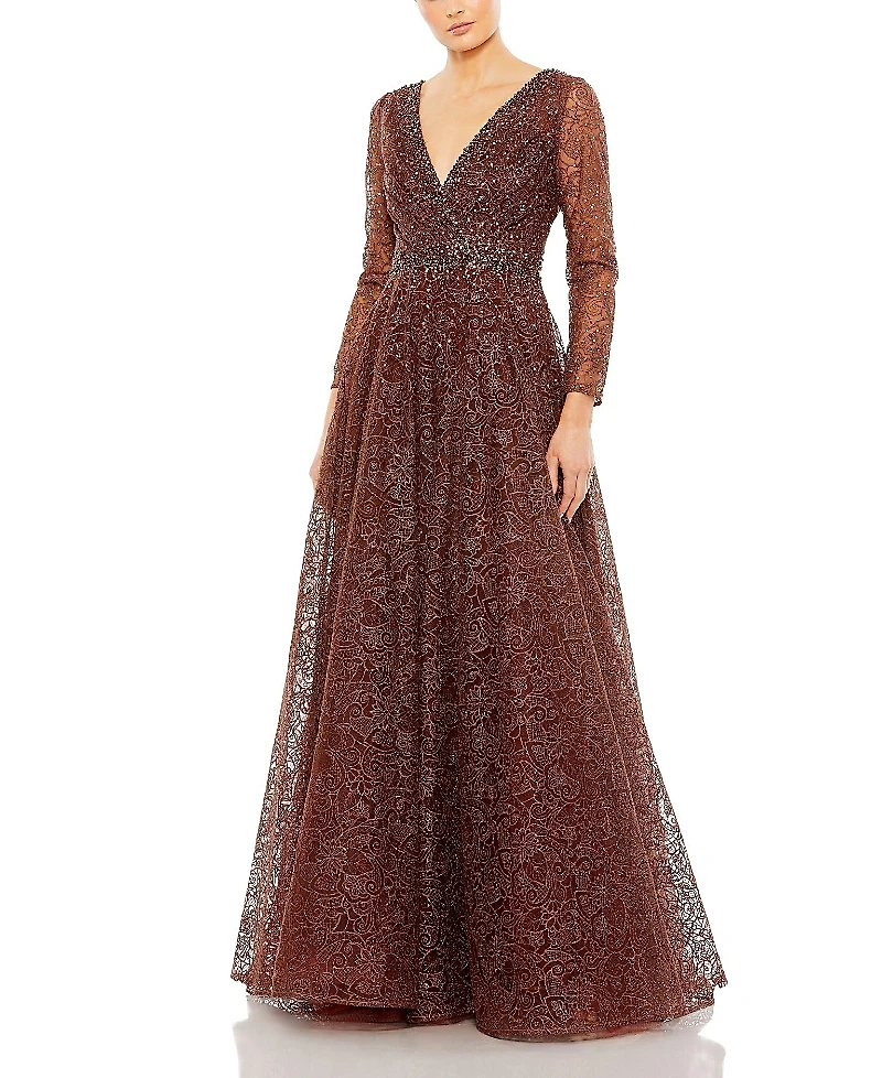 Mac Duggal Embellished V-Neck Long Sleeve A Line Gown