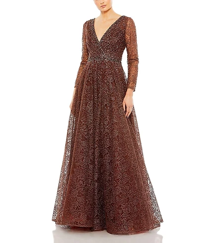 Mac Duggal Embellished V-Neck Long Sleeve A Line Gown