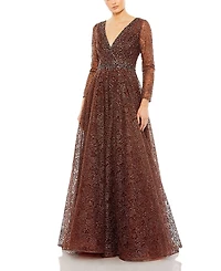 Mac Duggal Embellished V-Neck Long Sleeve A Line Gown