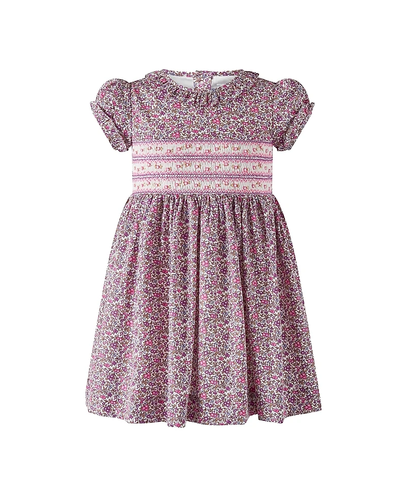 Rachel Riley Girls' Purple Floral Ss Smocked Dress - Little Kid, Big Kid