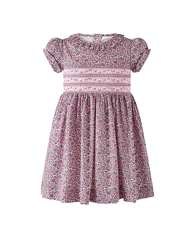 Rachel Riley Girls' Purple Floral Ss Smocked Dress - Little Kid, Big Kid