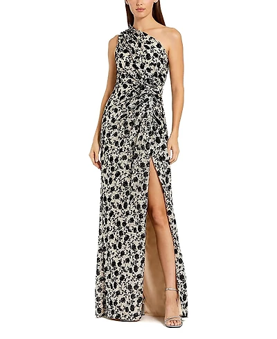 Mac Duggal Floral Sequin One Shoulder Column Gown With Slit
