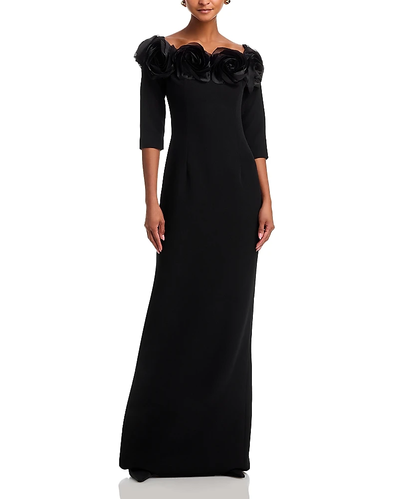 Teri Jon by Rickie Freeman Crepe 3D Flower Off the Shoulder Three Quarter Length Sleeved Gown