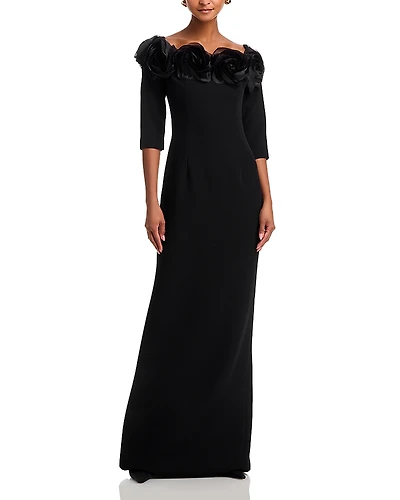 Teri Jon by Rickie Freeman Crepe 3D Flower Off the Shoulder Three Quarter Length Sleeved Gown
