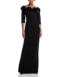 Teri Jon by Rickie Freeman Crepe 3D Flower Off the Shoulder Three Quarter Length Sleeved Gown