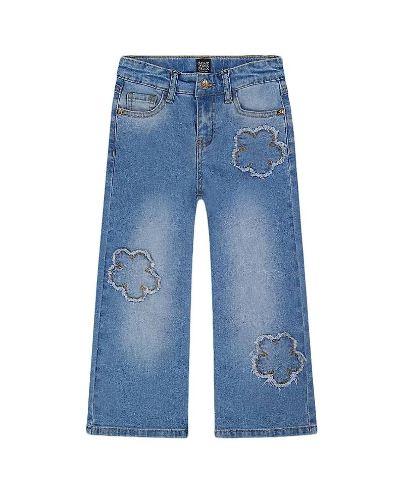 Deux par Girls' Wide Leg Stretch Jeans with Flower Stitching