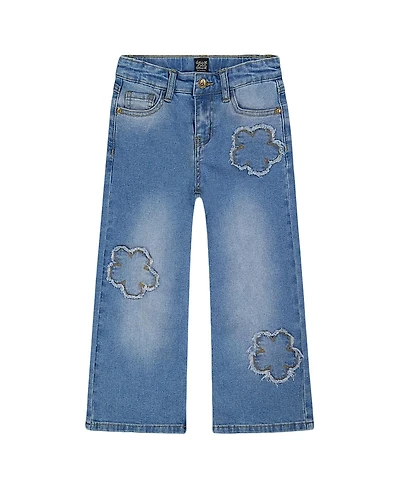 Deux par Girls' Wide Leg Stretch Jeans with Flower Stitching